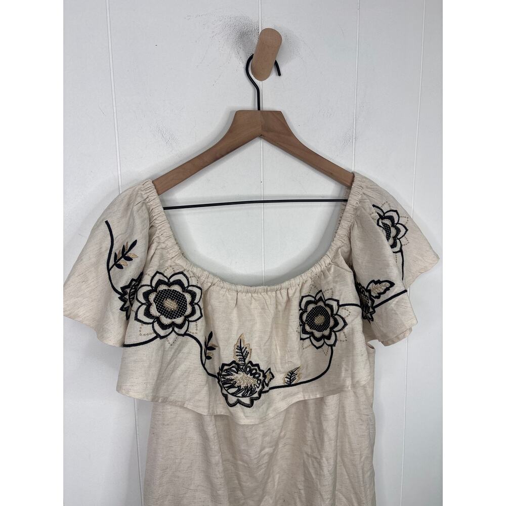 Boston Proper Linen Floral Embroidered Off Shoulder Shift Dress XL Flax Cream - Picture 9 of 10